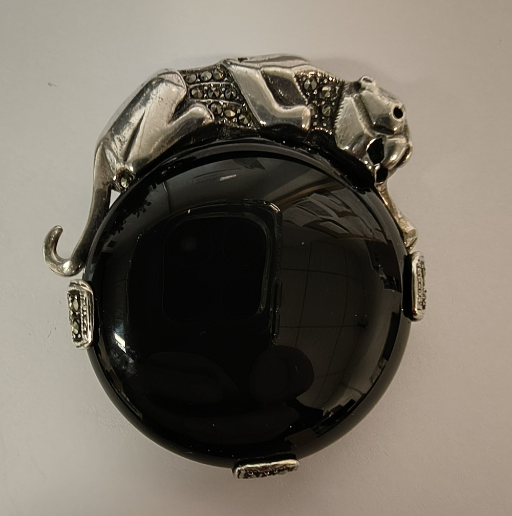 Vintage .925 Sterling, Onyx, & Marcasite Panther Brooch Or Pendant